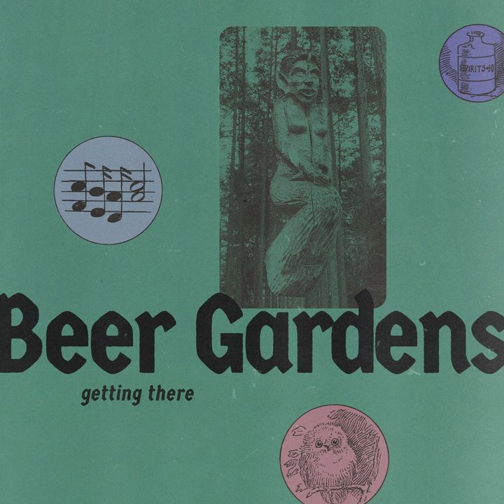 Album cover design with a green background and a halftone image of a wooden sculpture